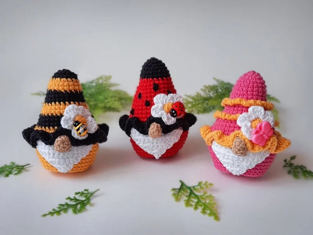 Set of 3 crochet pattern, Garden gnomes, Ladybug gnome crochet pattern, Gnome with butterfly