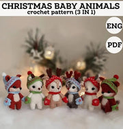 3 baby animals in cute Christmas hats and mittens pattern