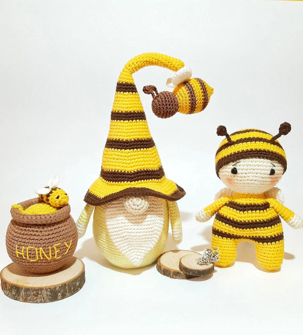 cute crochet Gnome Bee, Doll in a bee costume, honey pot.