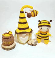 cute crochet Gnome Bee, Doll in a bee costume, honey pot.